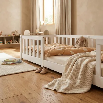 Produktbild von Kinderbett mit Rausfallschutz inkl. Lattenrost | 90 x 200 cm | Weiß | Kiefernholz  - Massivholz | für Mädchen und Jungs | Kinderbetten