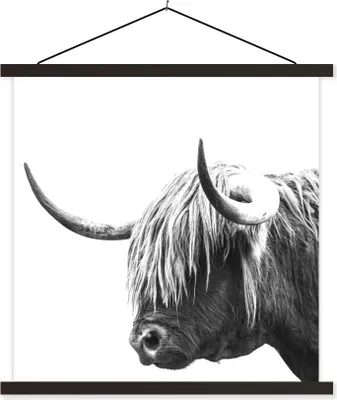 Produktbild von MuchoWow® Textilposter Schottisches Hochlandrind - Horn - Schwarz - Weiß 40x40 cm mit schwarzem Rahmen - Fotos