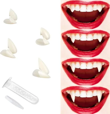 Imagen del producto de 4 colmillos de vampiro - Disfraz - 4 tamaños - Falsos dientes con 1 tubo de pellets - Adhesivo para cosplay - Fiesta - Accesorios