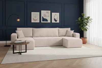 Image de Canapé d'angle VENASI avec fonction convertible, modèle Luna U, tissu cord beige