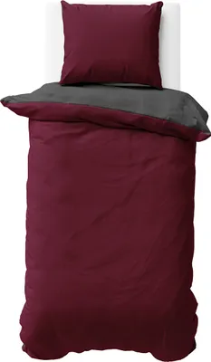 A burgundy and gray duvet cover and pillowcase set laid out on a white surface.