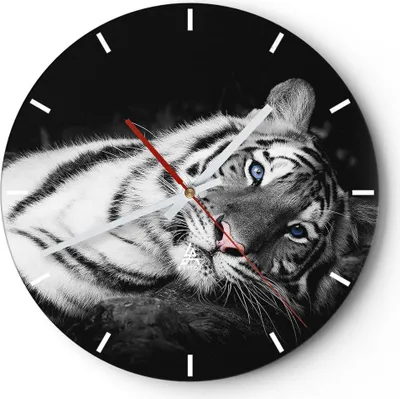 Produktbild von Wanduhr - Rund - Glasuhr - Weiß Tiger Schwarz und Weiß - 30x30cm - Schleichendes Uhrwerk - Lautlos - zum Aufhängen bereit - Dekoration Modern - Wanddekoration aus Glas - C3AR30x30-4247