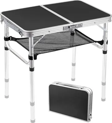 Obrázok produktu pre Uniqoos® – Skladací campingový stôl – Hliníkový, skladací stôl, 3 výšky: 25/48/60 cm, nastaviteľné nohy, sieťka na uloženie, doska stola z MDF, čierna farba