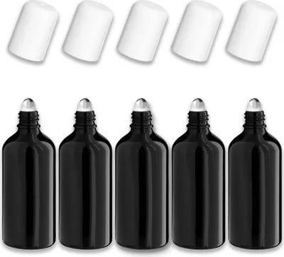 Produktbild von 5x Glasflasche Schwarz 100 ml Roll-on mit Weißem Verschluss Set