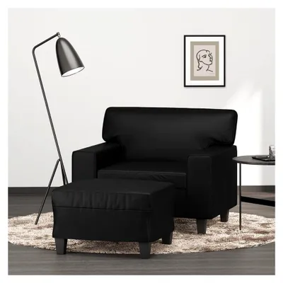 Produktbild von Schwarzer Sessel mit Hocker, 60 cm breite Kunstleder-Sitzfläche, robustes Metallgestell, bequemer Relaxsessel für das Wohnzimmer