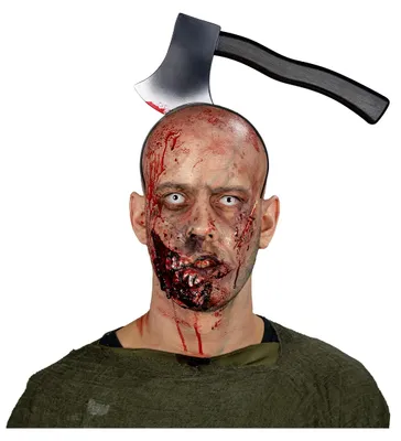Produktbild von Axt im Kopf als Kostümzubehör für Halloween und Karneval, KI-generiertes Bild