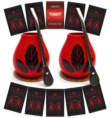 Image de Coffret de thé Yerba Mate pour deux - tasse à maté Hoja rouge 350 ml, thé Yerba Mate Vakapi 10 x 50 g, bombilla - Thé Yerba Mate du Paraguay