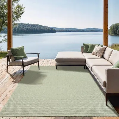 Immagine prodotto di Unyqoos® Mistra: tappeto da esterno robusto, resistente alle intemperie e ai raggi UV, in polipropilene, verde, 120 x 170 cm, ideale per balconi e terrazzi