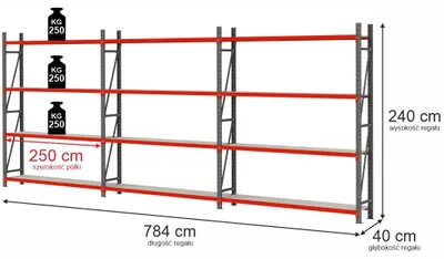 Zdjęcie produktu dla Regał magazynowy metalowy warsztatowy 4 półki Mega-M FORTIS 784x40x240cm zestaw 3 moduły x 250 cm