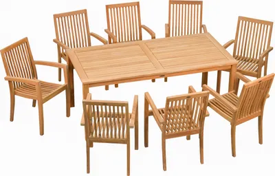 Produktbild von Garten-Essgruppen Exklusive Teak Sitzgruppe aus 8 Stapelstühlen und 1 Tisch 180 x 90 cm Set aus Teak-Gartenmöbeln mit Stühlen zum Stapeln