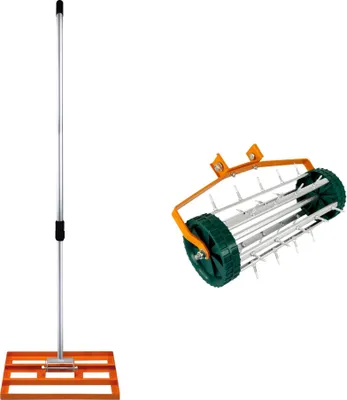 Produktbild von Rasenrakel und rollender Rasenlüfter 3.8cm Spitzen 50cm x 32cm Orangefarbener Nivellierrechen, abnehmbarer, ausziehbarer Doppelzweck-Griff