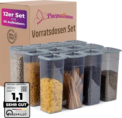 Produktbild von Parpalinam Vorratsdosen Set 2,1L 12teilig mit Aufklebern Luftdichte Kunststoff Vorratsbehälter mit Deckel Stapelbar Anthrazit Gefriergeeignet