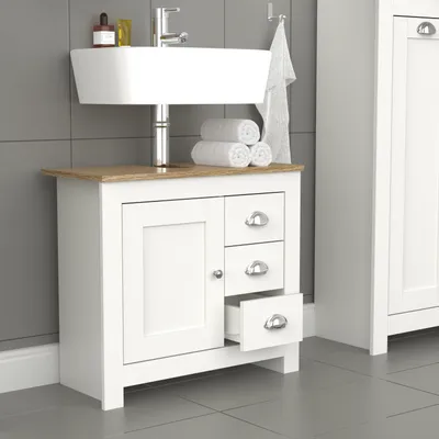 Produktbild von VCM Holz Waschbeckenunterschrank | Badschrank | Maße: H. 58 x B. 65 x T. 30 cm | 1 Drehtür | 3 kleine Schubladen - Balusa L