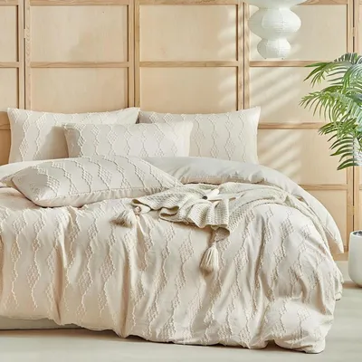 Immagine prodotto di Set di lenzuola 135x200 cm, color beige, con motivo boho geometrico e ricami
