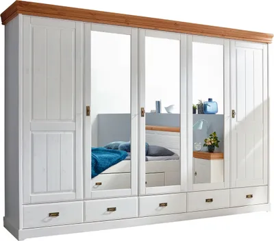 Produktbild von 5-türiger Kleiderschrank SAVONA-69 in Kiefer massiv weiß mit honig, B/H/T: ca. 315/217/62 cm