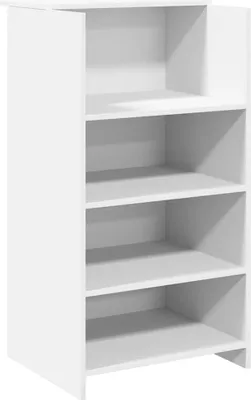A white, four-shelf bookcase or storage unit.