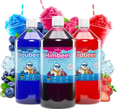 Produktbild von Belissia Slush Eis Sirup 3 x 1000ml Konzentrat | Blaubeer, Himbeer, Erdbeer | ergiebig in knalligen Farben (1:5) für bis zu 18 Liter | Glycerin frei