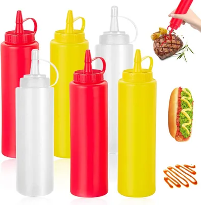 Obrázok produktu pre Plastová lisovacia fľaša, balenie 6 ks 250 ml lisovacích fliaš z plastu, lisovacia fľaša s uzáverom, dávkovač kečupu, fľaša na omáčku, kuchynská lisovacia fľaša na kečup, horčicu, majonézu, omáčky, olivový olej