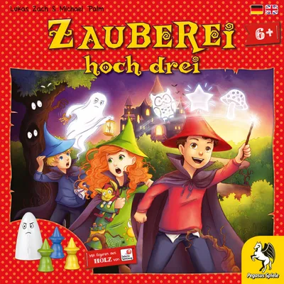 The image is the cover art for a board game called 'Zauberei hoch drei', featuring children dressed as wizards in a spooky forest setting with ghosts and a castle in the background.