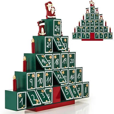 Obrázek produktu pro Adventní kalendář dřevěný - Opakovaně použitelný - Vánoční stromek - 42 x 23 x 11 cm - 24 dvířek