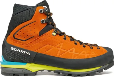 Zodiac Tech GTX Mountain Elite Bergschuhe für Herren von Scarpa in leuchtendem Orange mit schwarzer Sohle und blauen Akzenten.