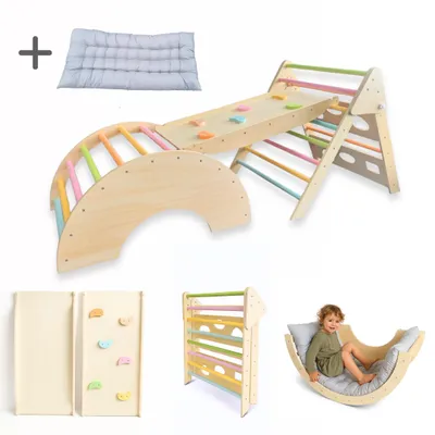 A collage of images showing a Montessori climbing set and its components, including a child using a rocking arch.