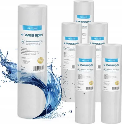 A group of white cylindrical water filter cartridges are arranged on a white background with a splash of blue water effect.