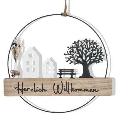 Türkranz mit Willkommensgruß, Trockenblumen, Holz, 28 cm