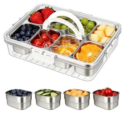 Produktbild von Snackbox 8 Fächer - Edelstahl - Tragbar - Wiederverwendbar - BPA-frei - Ideal für Reisen/Picknick - Vorratsdose
