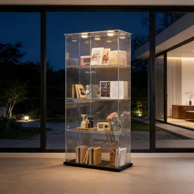 Immagine prodotto di Vetrina espositiva con ante e serratura, 4 ripiani, colore nero, con illuminazione a LED
