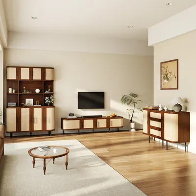 Immagine prodotto di Set per soggiorno MODFU, composto da 3 elementi: mobile basso per TV, credenza e mobile alto. Set di mobili con ante in rattan, struttura in MDF e gambe in metallo, finitura noce