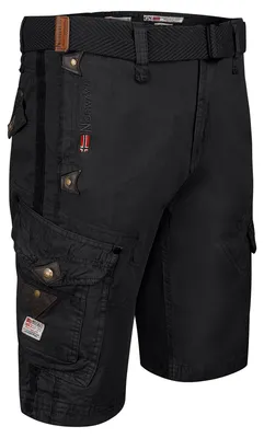 Imagen del producto de Pantalones cortos de carga para hombre, marca Geographical Norway, color negro, estilo paracaídas, con cinturón