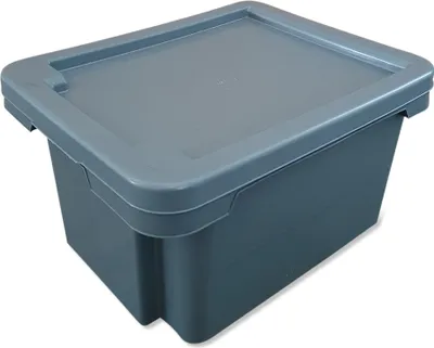 A gray storage box with a lid, presented on a white background.