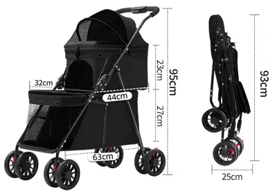 Immagine prodotto di Carrello per cani e gatti - Passeggino per animali - A due piani per 2 animali - Pieghevole - Tessuto Oxford traspirante - Nero