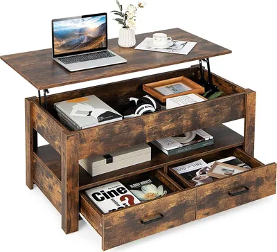 A lift-top coffee table with storage and drawers, shown in a studio setting.