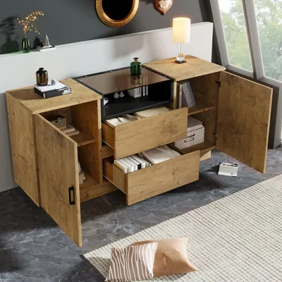 Immagine prodotto di Cassettiera Flieks Mobile da soggiorno con cassetti e vani a giorno, credenza Cassettiera con ripiani regolabili, Rovere