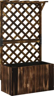 Produktbild von Hochbeet Pflanzkasten mit Rankgitter, Spalier Pflanzkübel Blumenkasten Holz, Gartenspalier 64 x 33 x 122cm Verkohlt