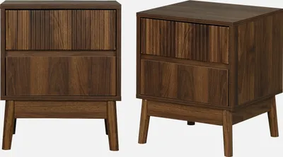 Two identical dark wood nightstands are shown against a white background.