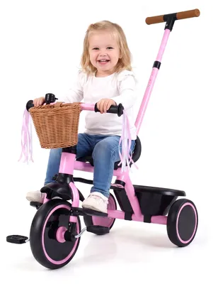 Productafbeelding van COSTWAY 3-in-1 driewieler, kinderfiets met verstelbare duwstang, gevlochten mand, opbergvak achterin en inklapbare voetsteunen, geschikt voor kinderen van 2-5 jaar