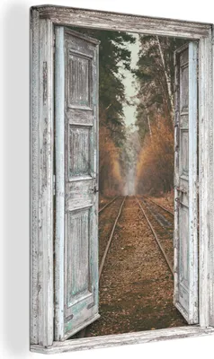 Produktbild von OneMillionCanvasses® - Leinwandbilder - 90x140 cm, Eisenbahnschienen - Herbst - Aussicht - Wald, - Geöffnetes Fenster - Fensterblick Schlafzimmer Kunstdruck Wanddekoration - Foto auf Leinwand - Gemälde auf Holzrahmen  - Wandschmucke - Schlafzimmer