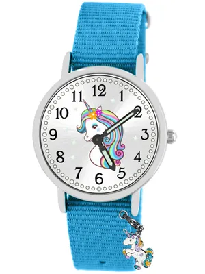 Produktbild von Kinder Armbanduhr Mädchen Einhorn Schmuckset leuchtet im dunkeln wasserdicht Armband hellblau 925
