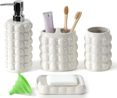 Obrázek produktu pro Sada doplňků do koupelny, 4 kusy, keramika, obsahuje: dávkovač mýdla, držák na zubní kartáčky, hrnek, miska na mýdlo, barva: bílá