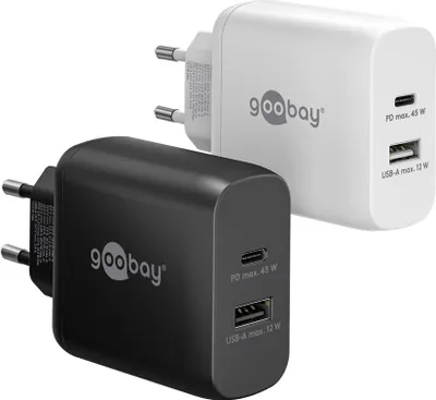 Image de Goobay 65411 USB-C™ PD GaN chargeur rapide double (45 W) noir, noir - 1x port USB-C™ (Power Delivery) et 1x port USB-A