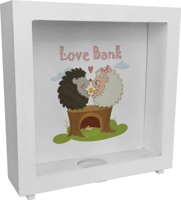 Produktbild von Igel Rahmen Spardose aus Holz mit Spruch Love Bank