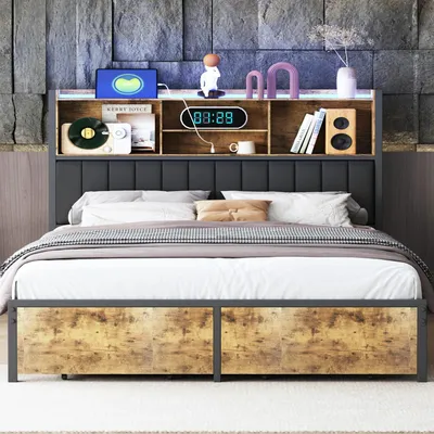 Obrázek produktu pro Kovová postel – manželská postel 160 × 200 cm – čalouněné čelo – úložný prostor se zásuvkami – moderní minimalistický design – kovový rám