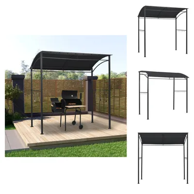 A BBQ pavilion is shown in a garden setting, with additional product images on the right.