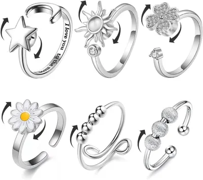 Productafbeelding van ringen voor vrouwen - Set van 6 - Verstelbare vredesringen zonne - Ster - Maan - Daisy - Klaver-parels