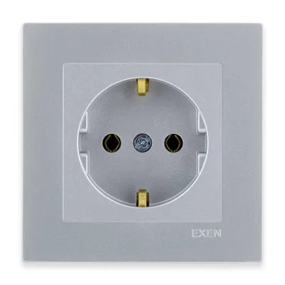 Immagine prodotto di Presa singola Schuko con messa a terra 2P+E argento + cornice argento EXEN