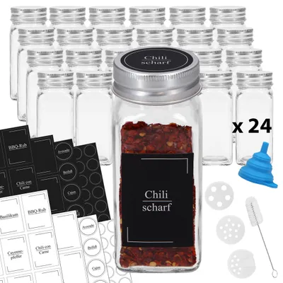 Produktbild von VonBueren Gewürzgläser eckig leer | Set mit 24 x 120 ml | Gewürzbehälter mit Streueinsatz | spice jars Glas | Gewürzstreuer aus Glas | Gewürzstreuer