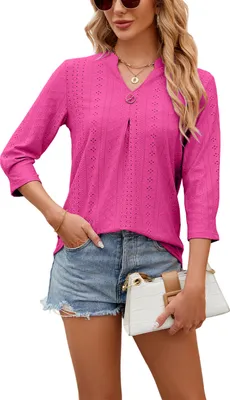 Produktbild von ASKSA Damen T-Shirt 3/4 aermel Aushoehlen Bluse V-Ausschnitt Sommer Tunika Elegant Shirts Tops, Rosarot, Groesse: M